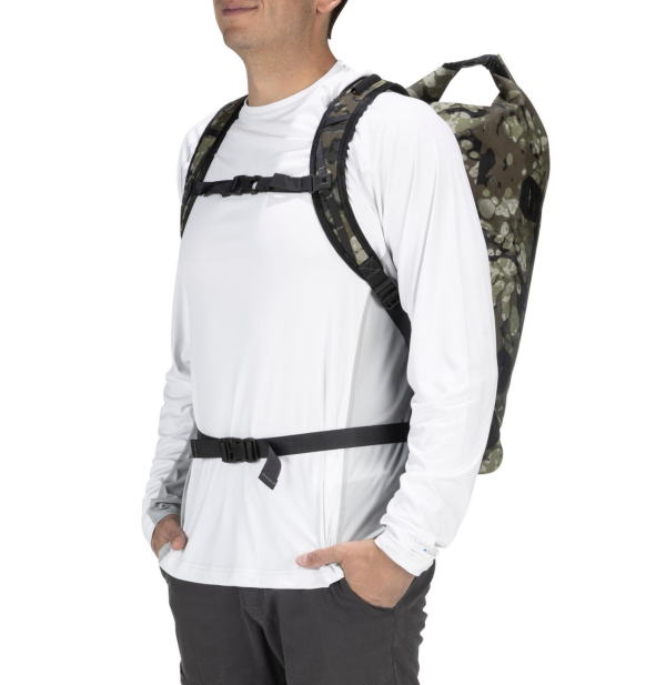 Simms Dry Creek Simple Pack Riparian Camo Model Front Simms Dry Creek Simple Pack Riparian Camo Model Front